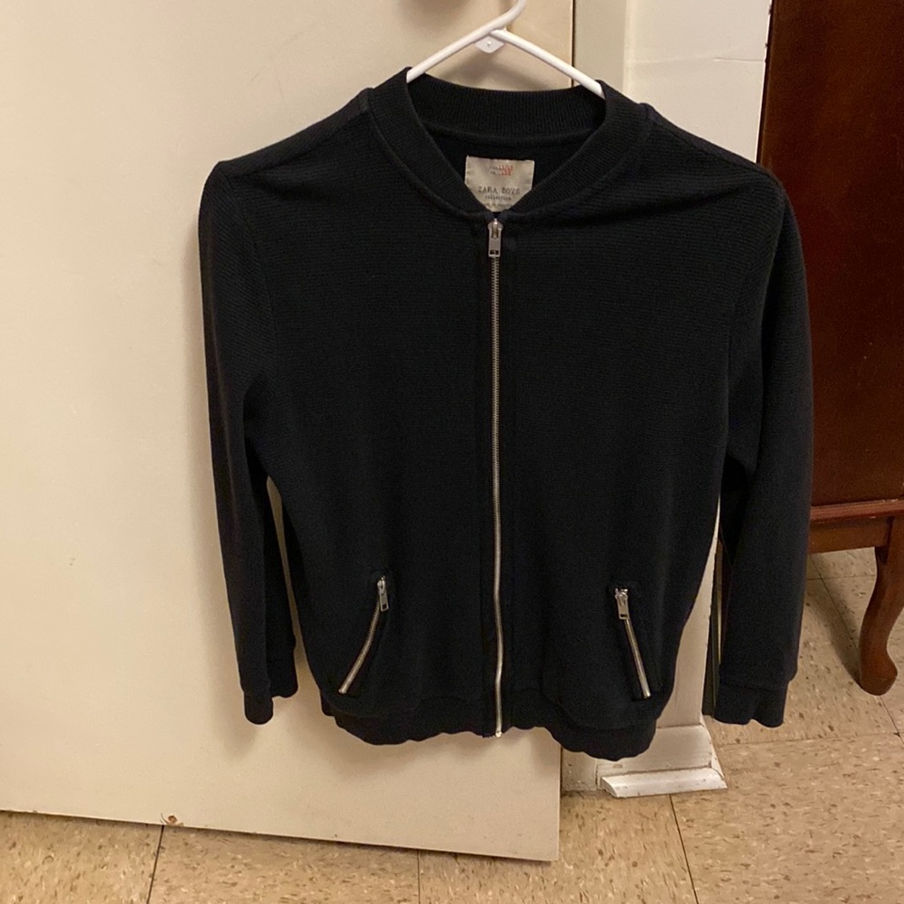 Boy’s black sweater zip front. A Zara Boys collection.  Hanging in my closet.